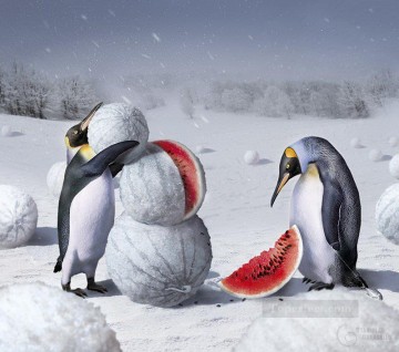 大衆的なファンタジー Painting - ペンギンとスイカ ファンタジー